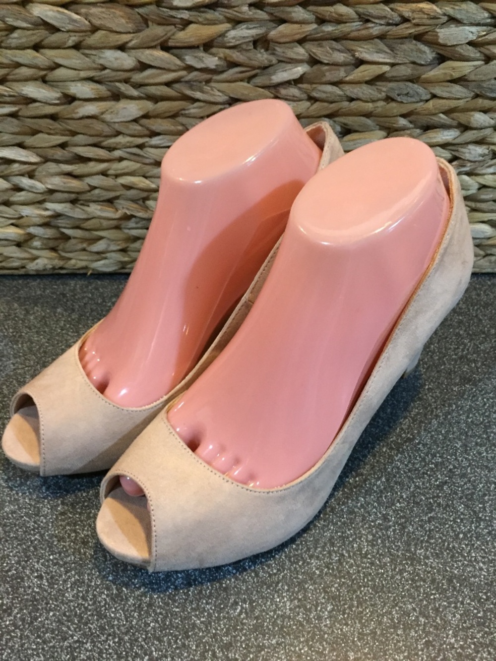 Kelly & Katie Beige Suede-Look Peep Toe Heels